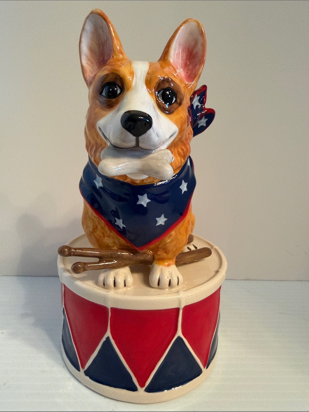 Corgi Dog Patriotic Drum Ceramic Figurine - Red, Blue, White